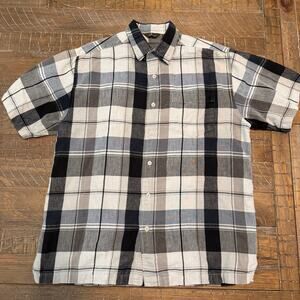 Cafe Luna Men's Medium Button Down Shirt Plaid Short Sleeve Ramie Cotton Blend
